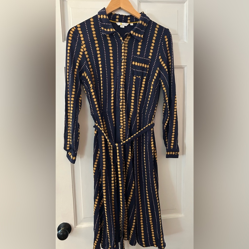 British Boden Navy Blue Floral Button Front Jersey Dress UK 14 P US 10P Petite
